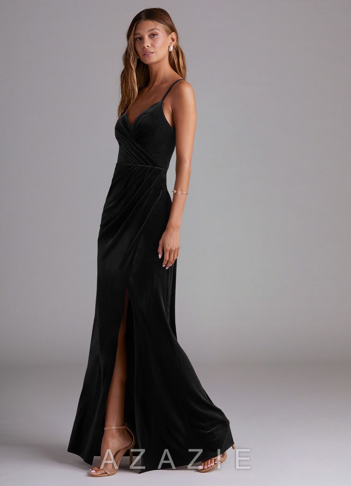 Azazie Maci Black Sheath Pleated Velvet Dress black
