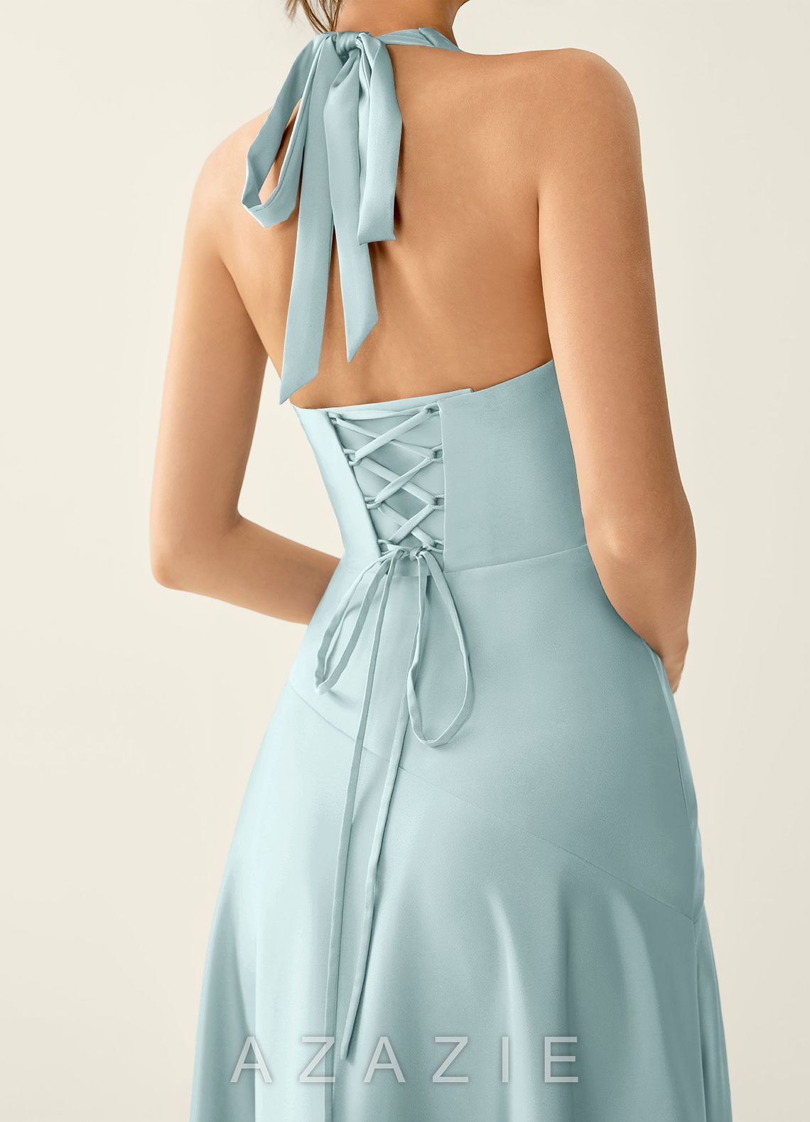 Titania Mist Satin Halter Ruffled Vacation Dress