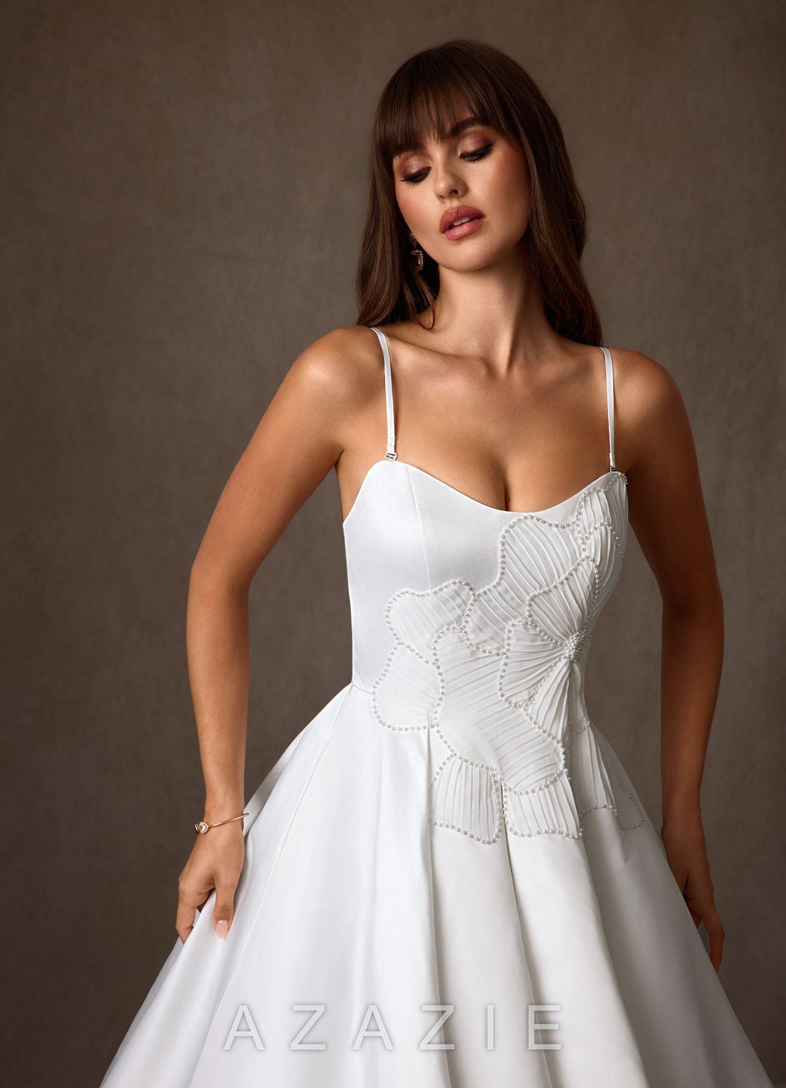 Azazie Harper Diamond White Ball-Gown Strapless Satin Dress