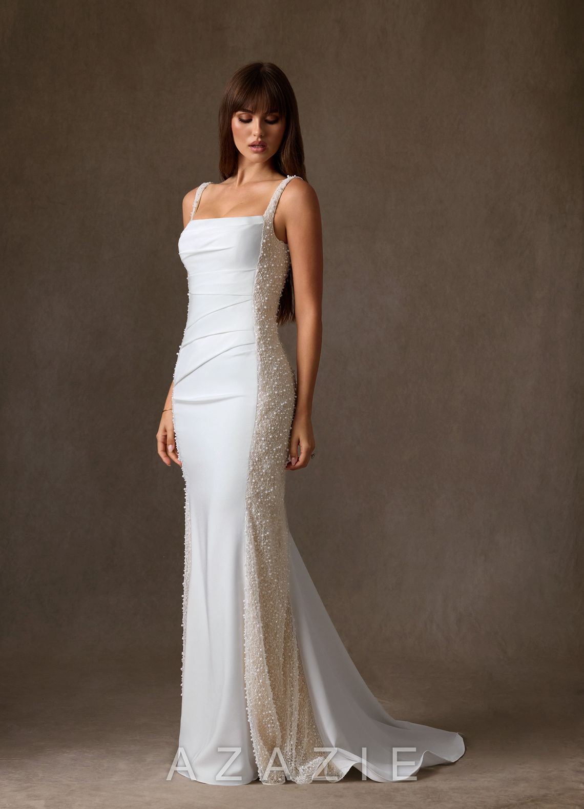Azazie Shauna Diamond White Champagne Sheath Square Neckline Crepe Back Satin Dress diamond_white/champagne
