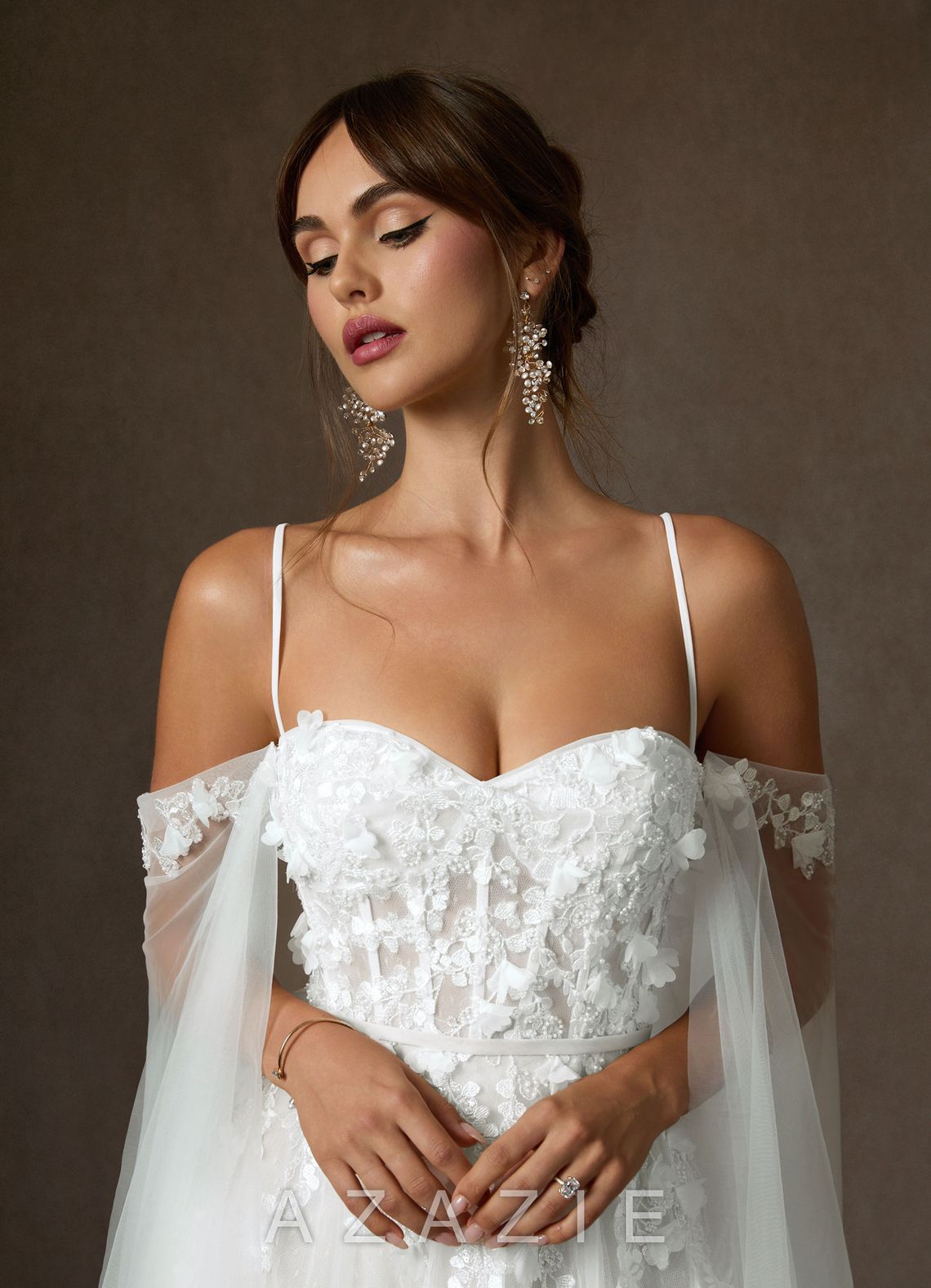 Azazie Wynery Diamond White Ball-Gown Off the Shoulder Lace Dress