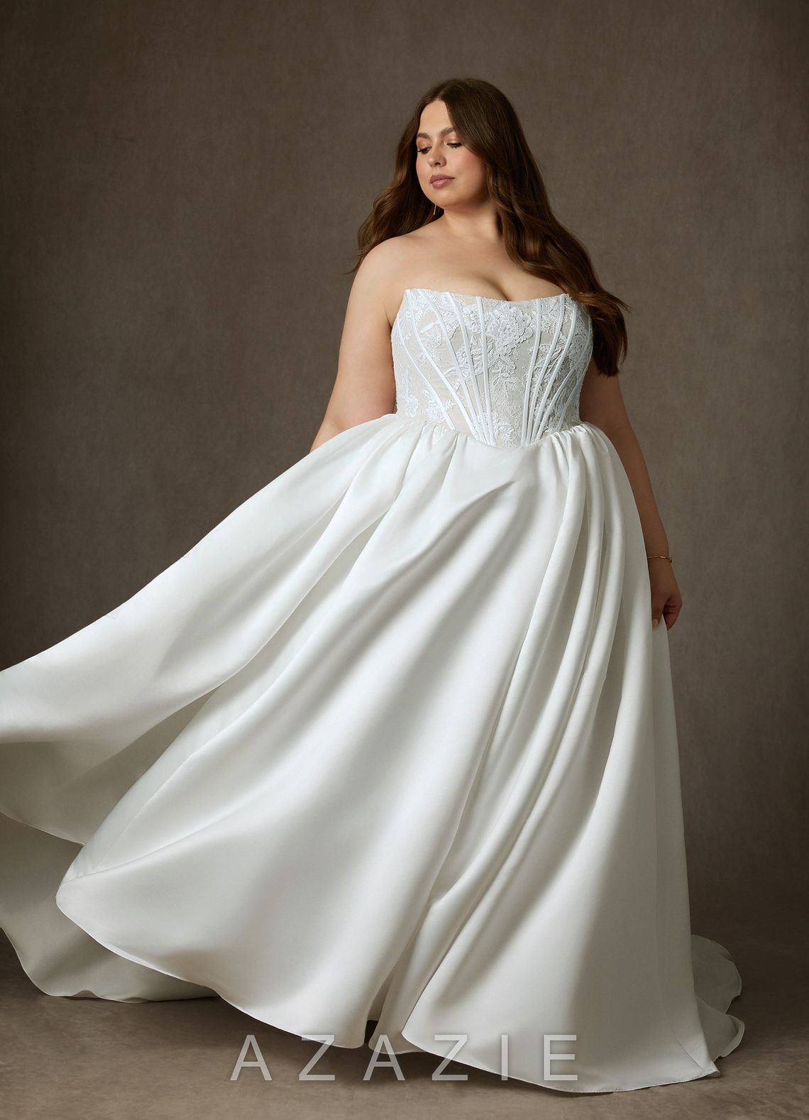 Azazie Mirabeth Diamond White Ball-Gown Strapless Lace Dress diamond_white