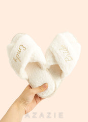 Personalized Bridesmaid Fluffy Cross Slippers  white