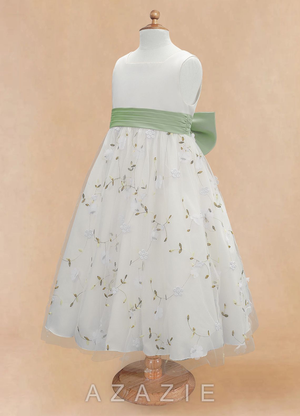 Azazie Pollie Ivory Dusty Sage A-Line Bow Tulle Dress ivory/dusty_sage
