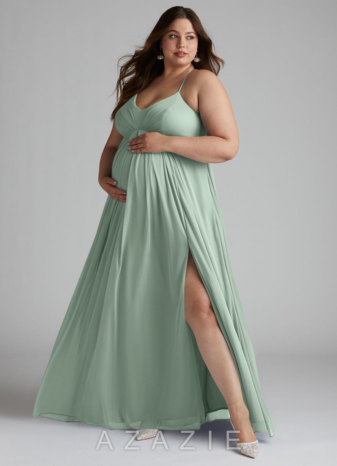 Azazie Annabelle A-Line V-Neck Pleated Mesh Floor-Length Dress agave