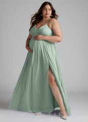 Azazie Annabelle A-Line V-Neck Pleated Mesh Floor-Length Dress agave