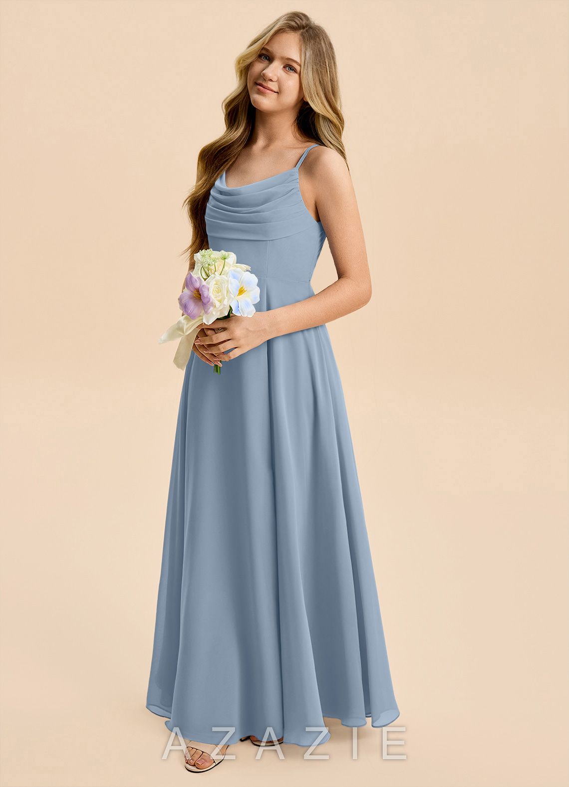 Azazie Gia Junior Dusty Blue A-Line Pleated Chiffon Dress dusty_blue