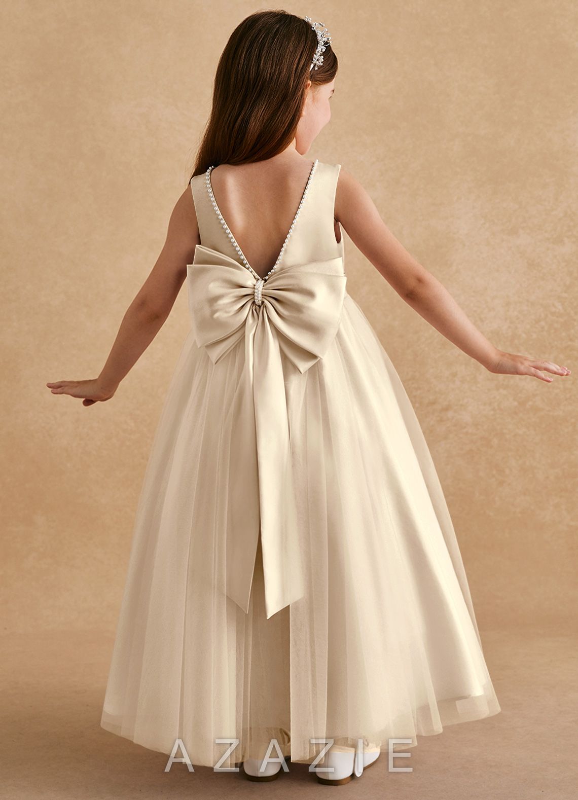 Azazie Cookie Champagne A-Line Bow Tulle Dress