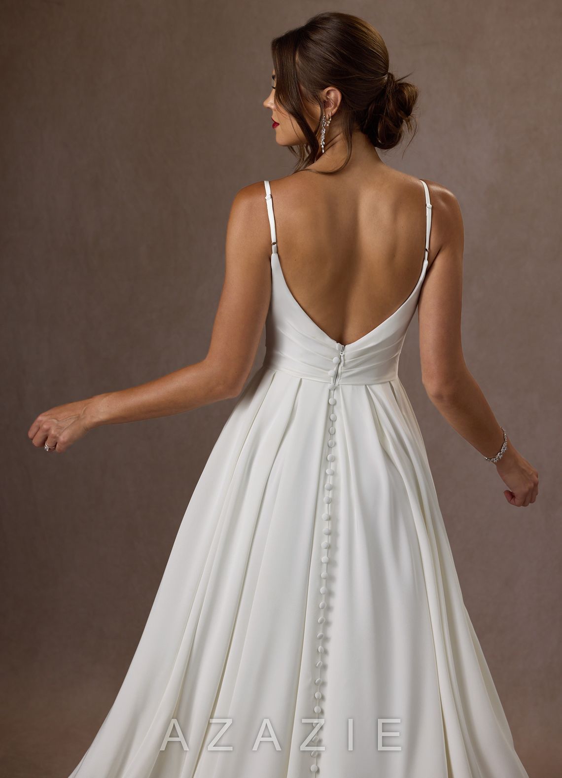 Azazie Caymus Wedding Dress Diamond White A-Line Scoop Pleated Crepe Back Satin Dress diamond_white