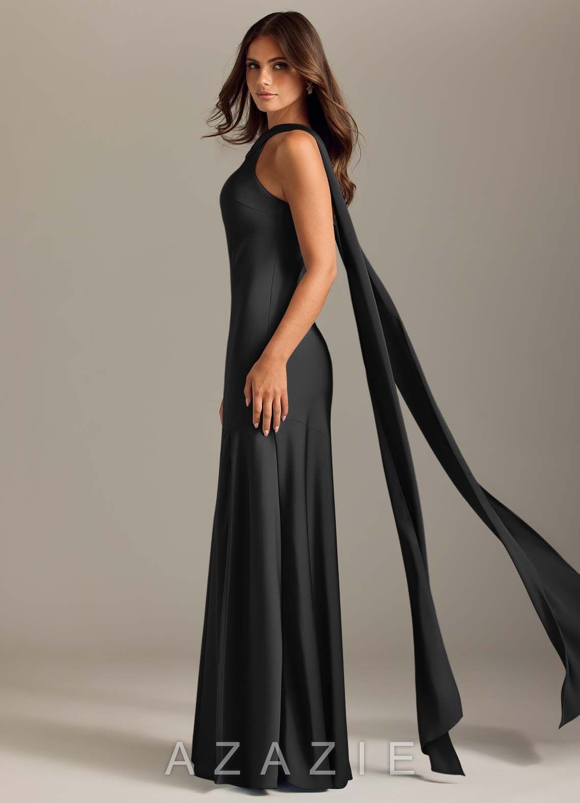 Azazie Kinsley Black Mermaid Side Slit Stretch Satin Dress black