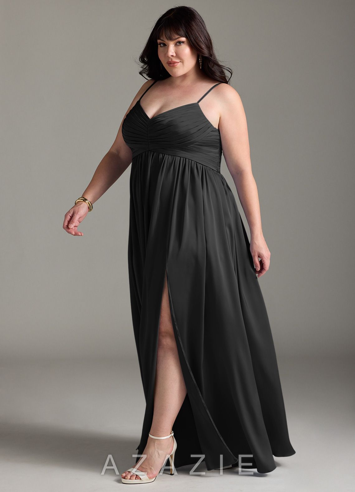 Azazie Alia Black A-Line Pleated Stretch Satin Dress black