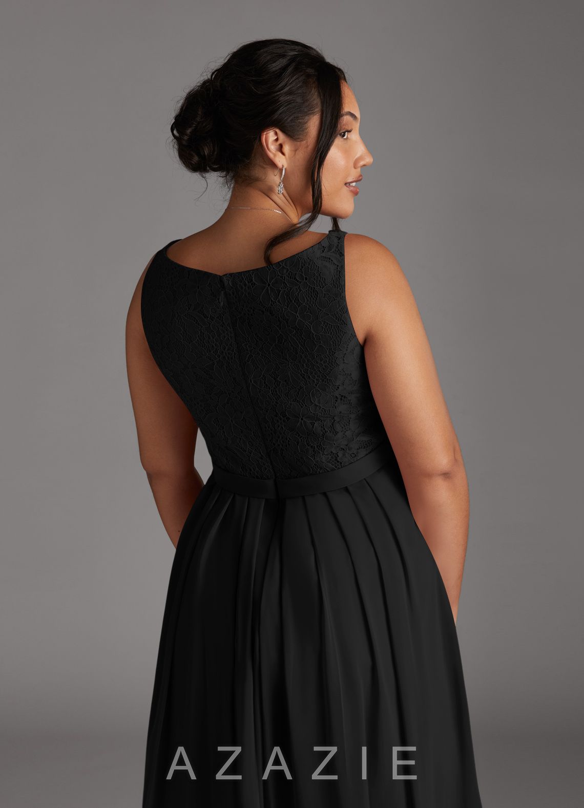 Azazie Ainsling Black A-Line Square Neckline Lace Chiffon Dress black