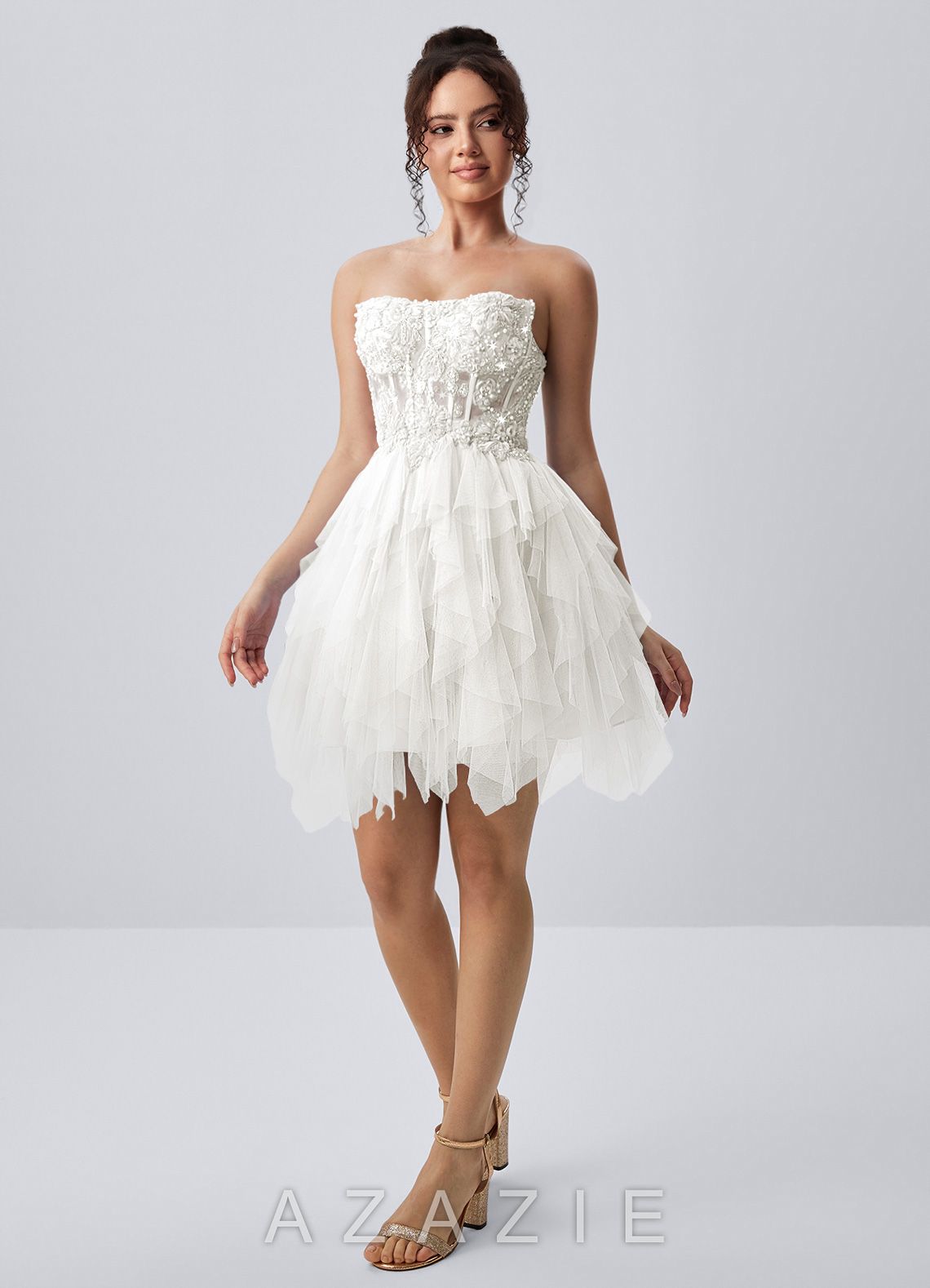 Madeline White Strapless 3D Floral Tulle Lace-Up Mini Dress