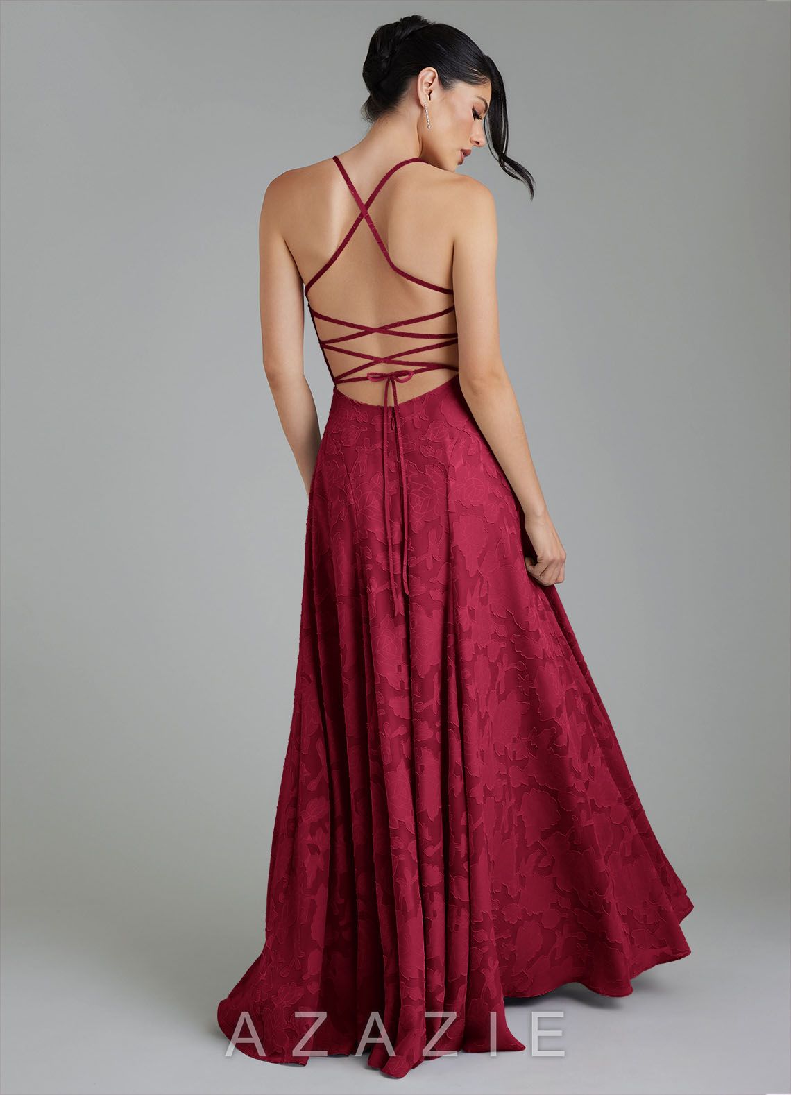 Azazie Tatum Burgundy A-Line Corset Floral Burnout Dress burgundy