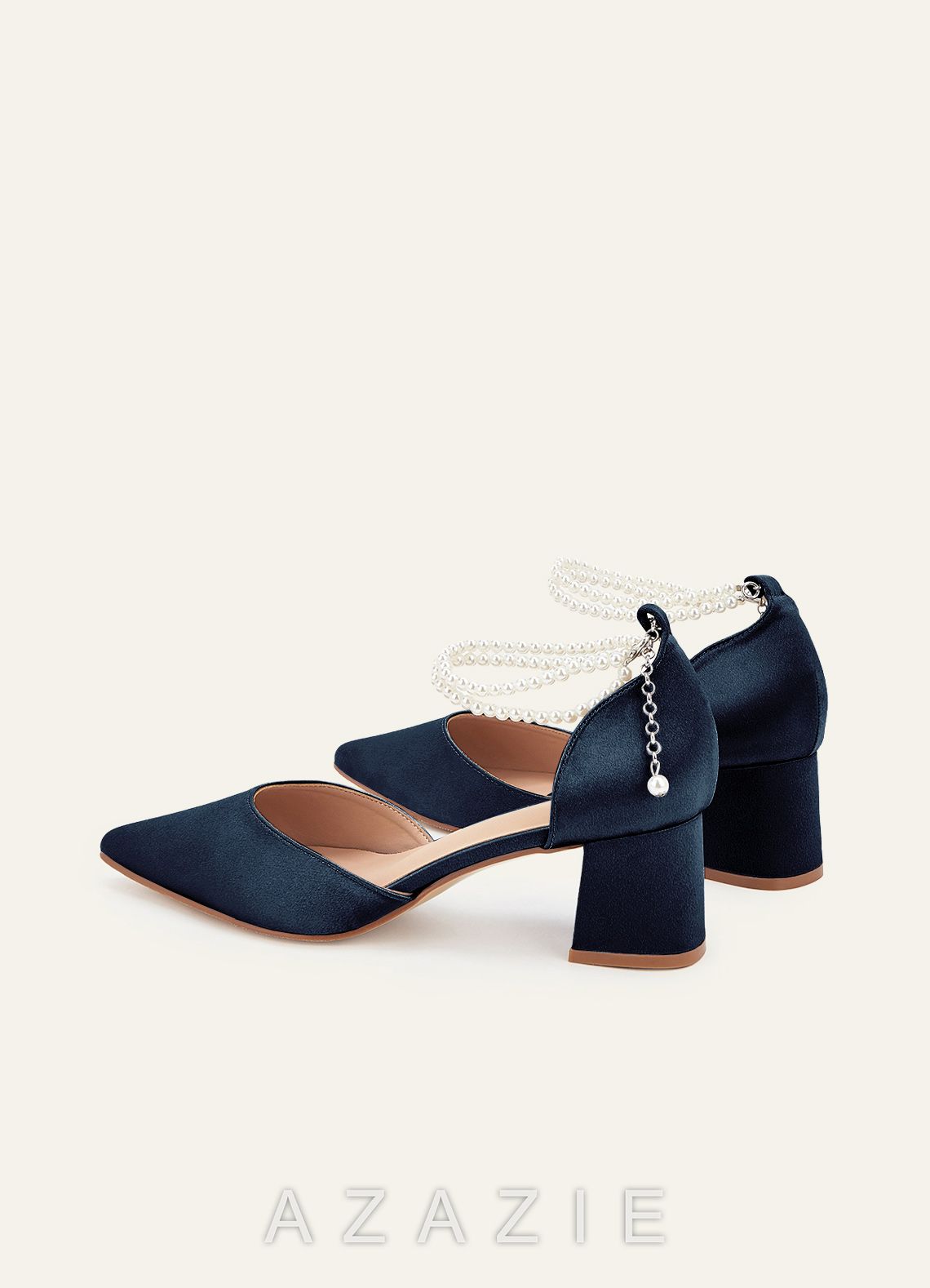 Matching Color Metallic Satin Pearl Strap Pointed Toe Block Heels  dark_navy