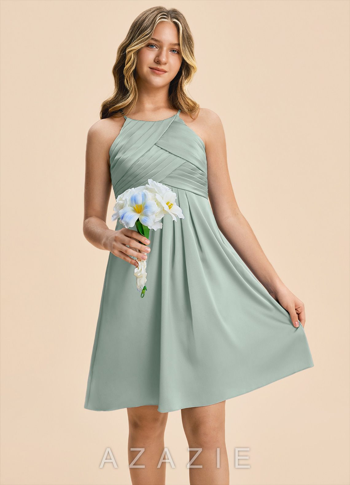 Azazie Ginny Junior Agave A-Line Pleated Stretch Satin Dress agave