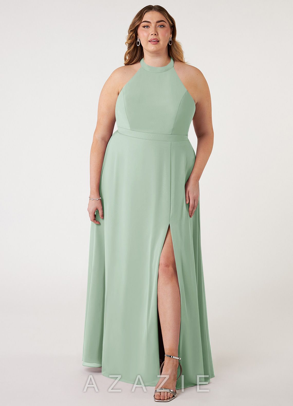Azazie Clarice Agave A-Line Halter Chiffon Dress agave