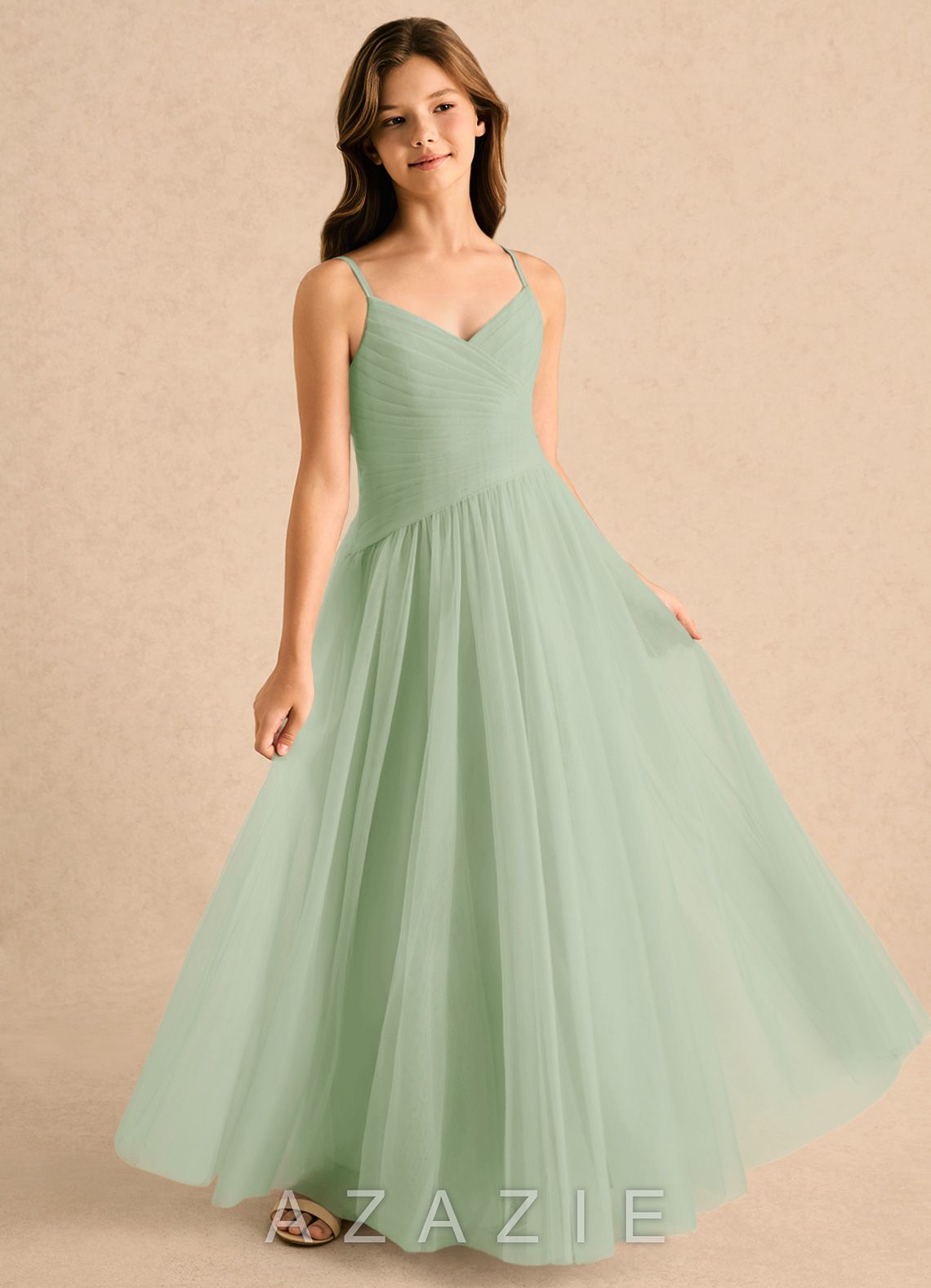 Azazie Poppy Girls Formal Dusty Sage A-Line Pleated Tulle Dress dusty_sage