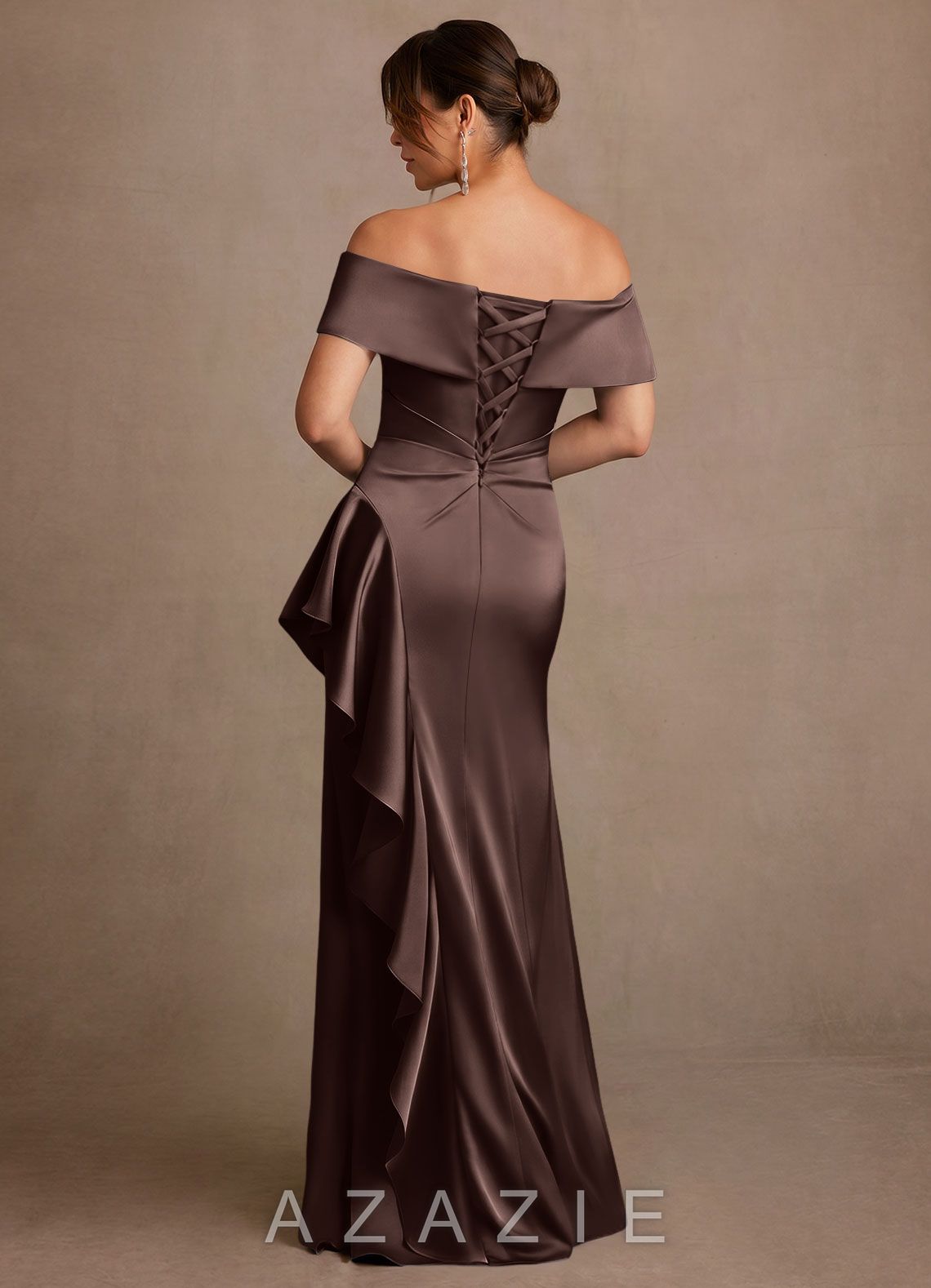 Azazie Kirsty Ganache Sheath Off the Shoulder Stretch Satin Dress ganache