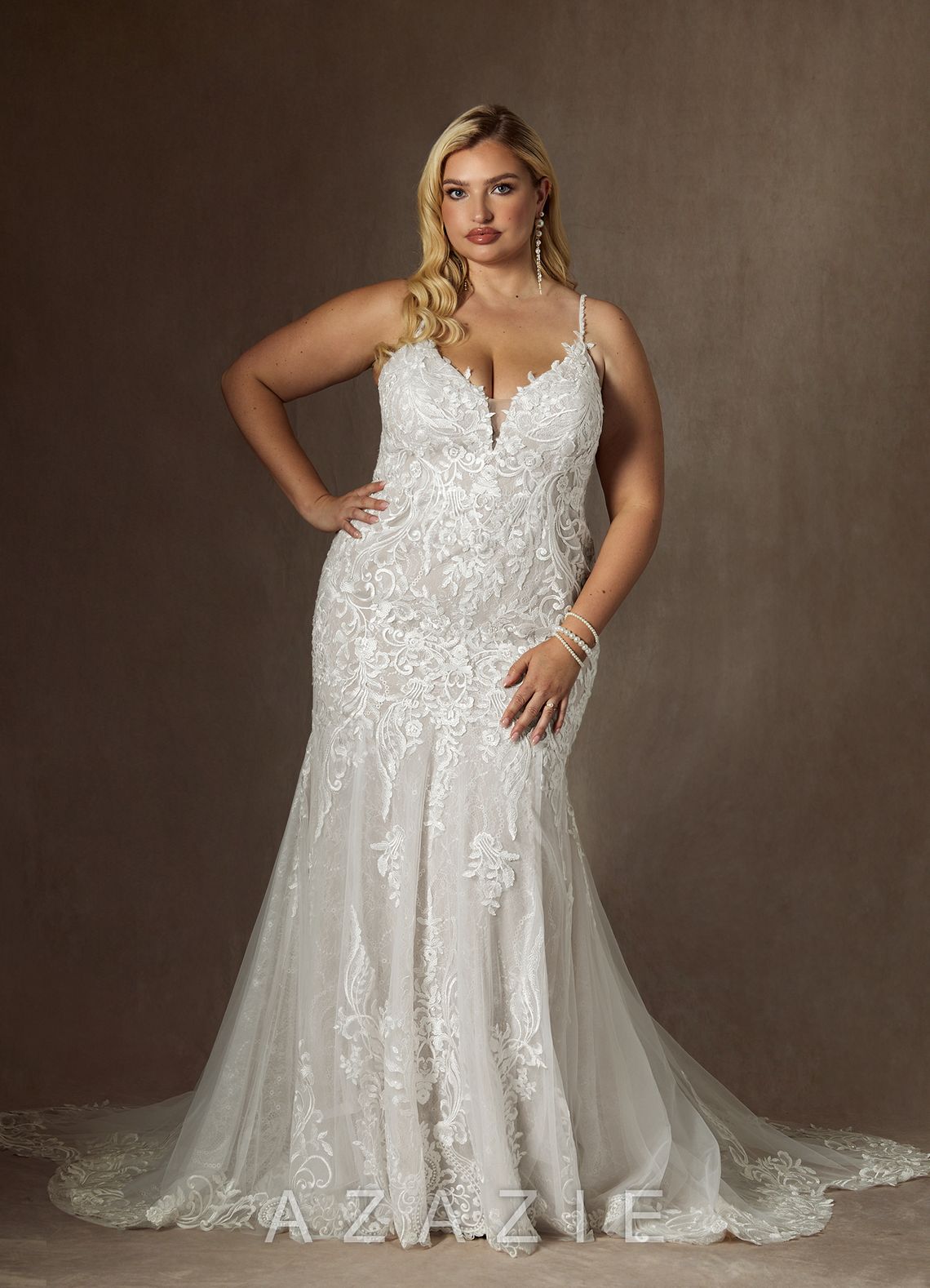 Azazie Camlynn Wedding Dress Diamond White Mermaid V-Neck Sequins Tulle Dress diamond_white