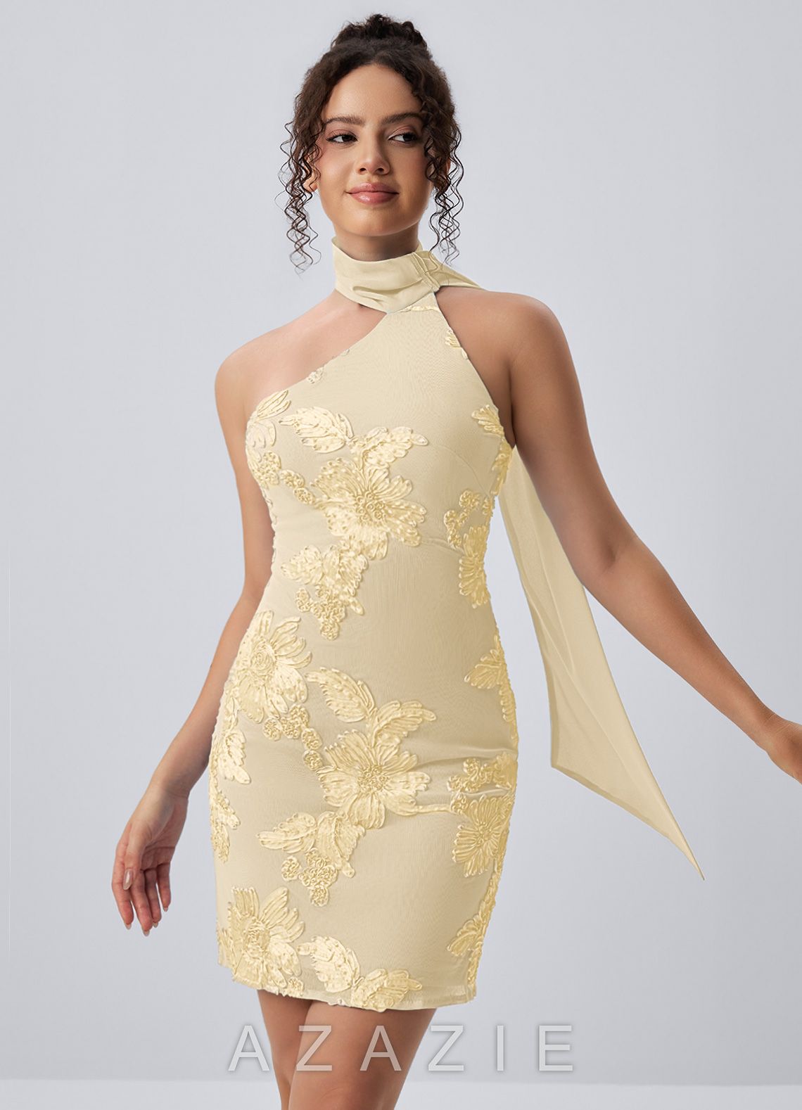 Helene Lemon Sorbet Halter 3D Floral Mesh Open Back Mini Dress