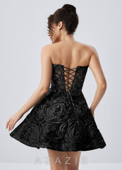 Mathilde Black Strapless 3D Rose Mesh Corset Skater Mini Dress