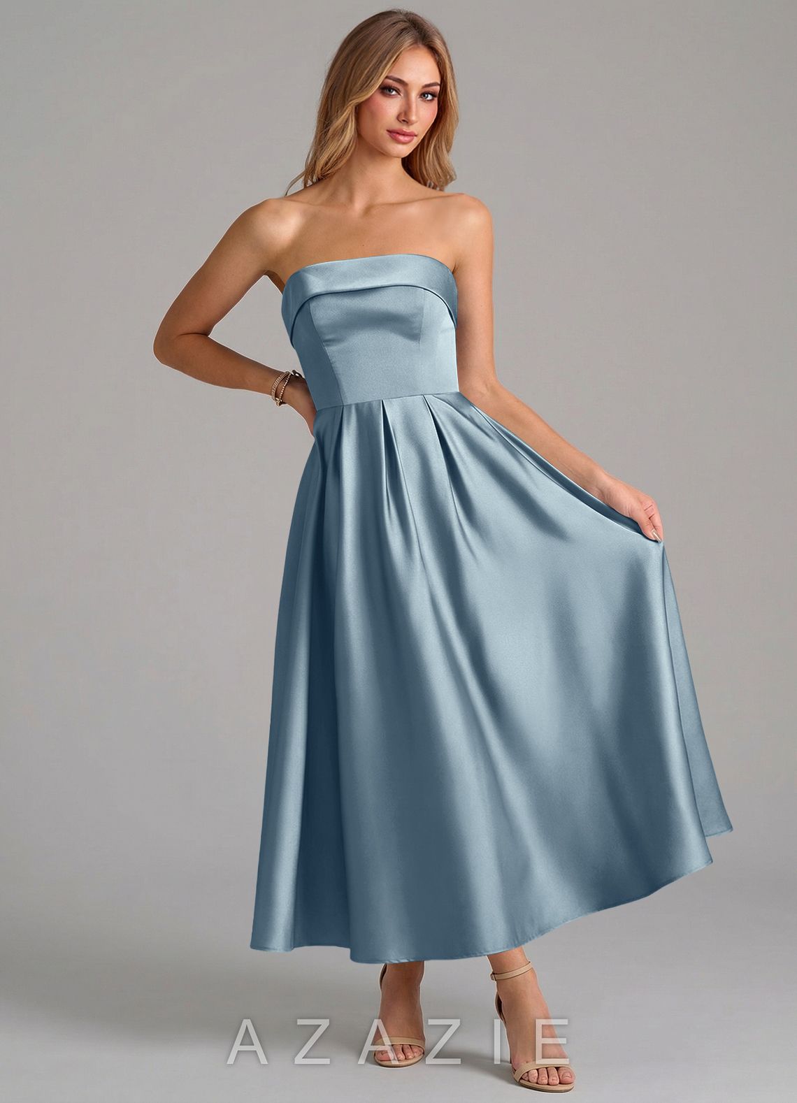 Azazie Lucienne Dusty Blue A-Line Pleated Stretch Satin Dress dusty_blue