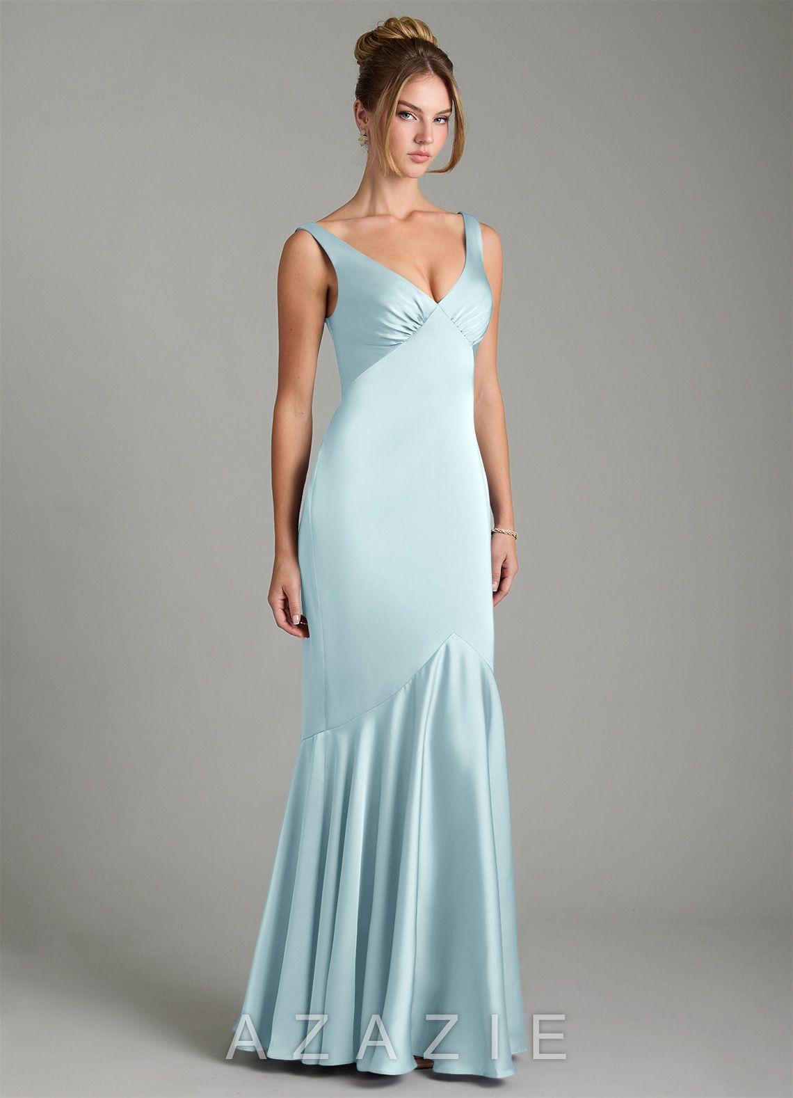 Azazie Alena Cloud Blue Mermaid Pleated Stretch Satin Dress cloud_blue