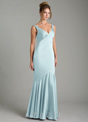 Azazie Alena Cloud Blue Mermaid Pleated Stretch Satin Dress cloud_blue