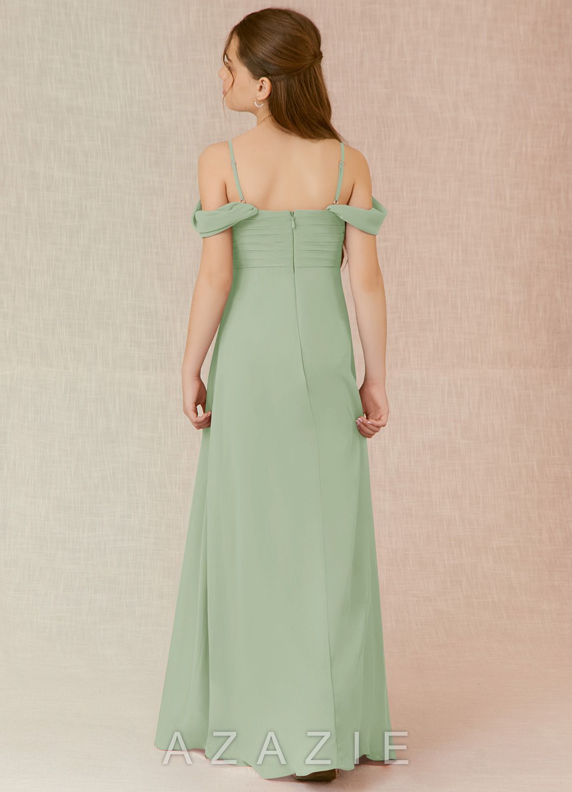 Azazie Kaitlynn Junior Dusty Sage A-Line Off the Shoulder Chiffon Dress dusty_sage