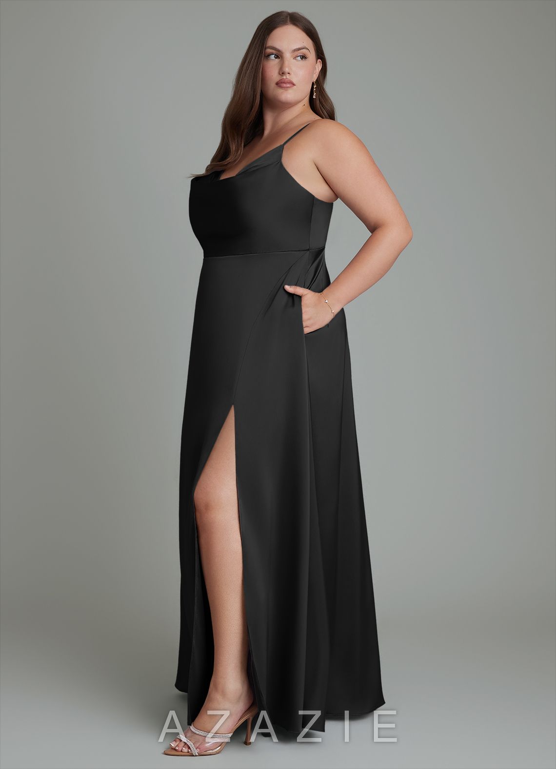 Azazie Sarella Black A-Line Pleated Stretch Satin Dress black