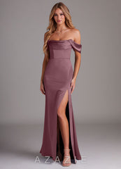 Azazie Saige Amethyst Sheath Off the Shoulder Stretch Satin Dress