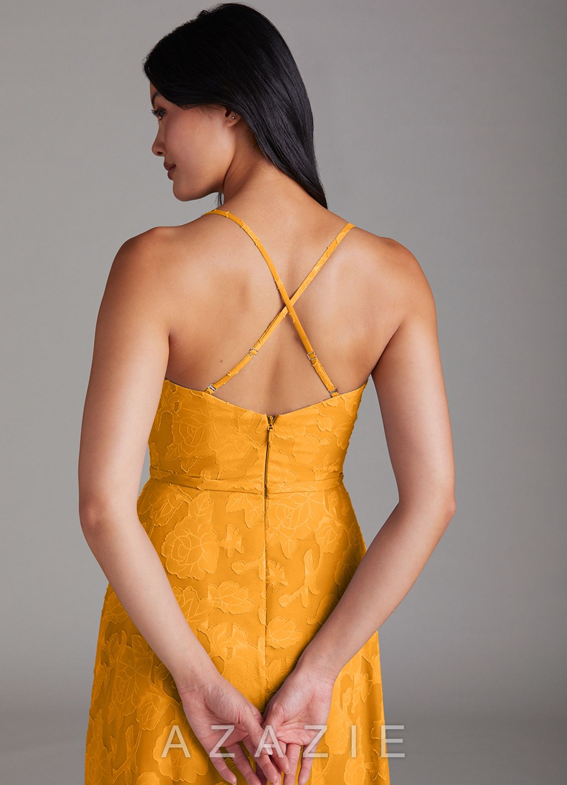Azazie Naeem Butterscotch A-Line Sweetheart Neckline Floral Burnout Dress butterscotch