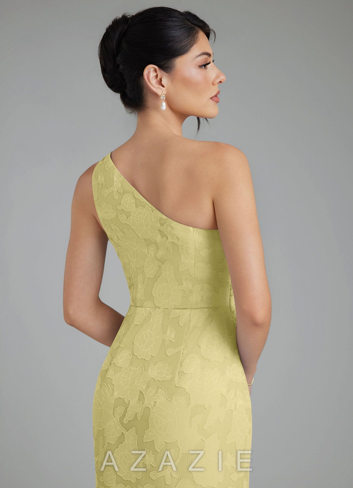 Azazie Akilah Lemon Sorbet Mermaid One Shoulder Floral Burnout Dress lemon_sorbet