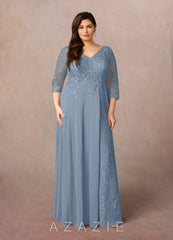 Azazie Noella Dusty Blue A-Line V-Neck Lace Chiffon Dress dusty_blue