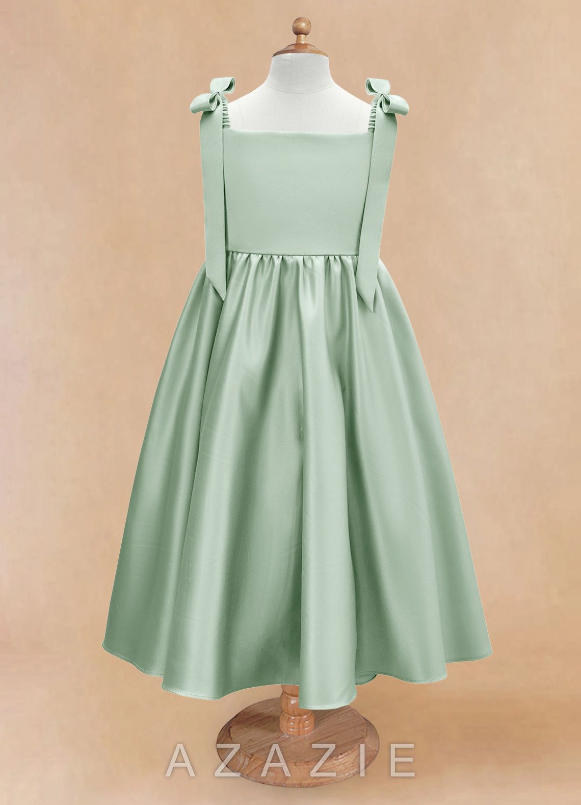 Azazie Chelsie Agave A-Line Bow Matte Satin Dress agave