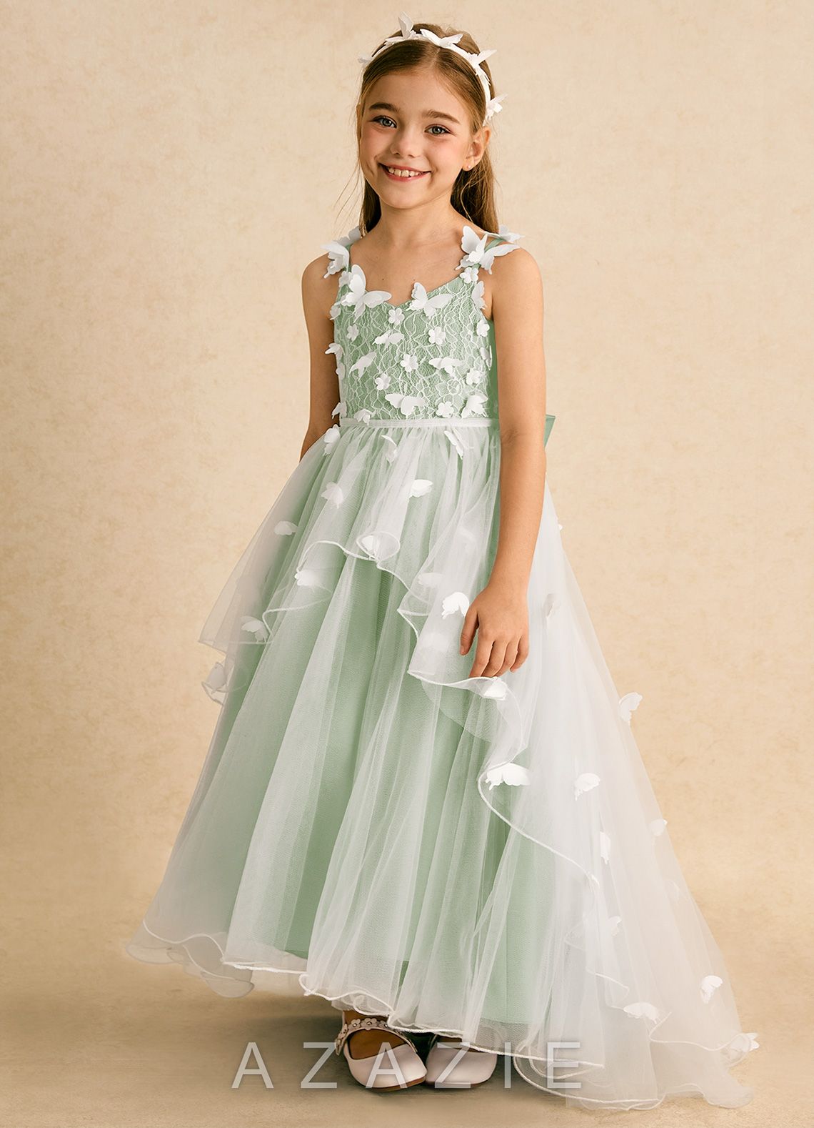 Azazie Darlina Ivory Dusty Sage Ball-Gown Lace Tulle Dress ivory/dusty_sage