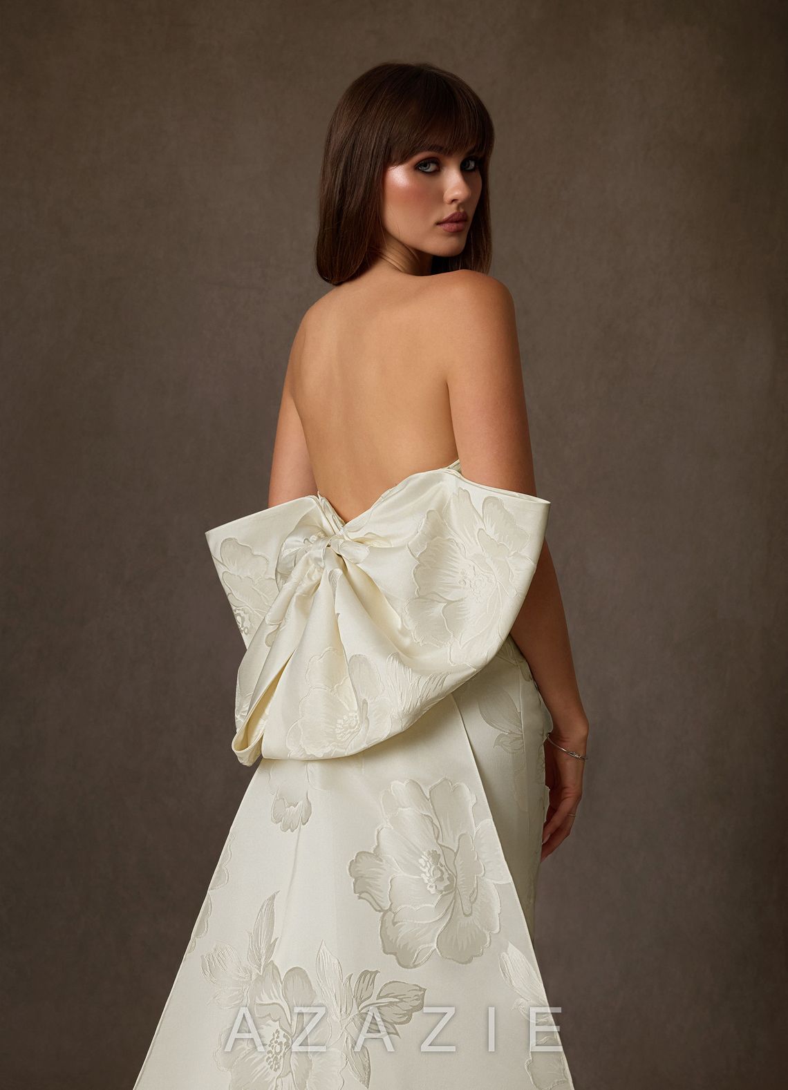 Azazie Nita Cream Mermaid Strapless Floral Jacquard Dress cream