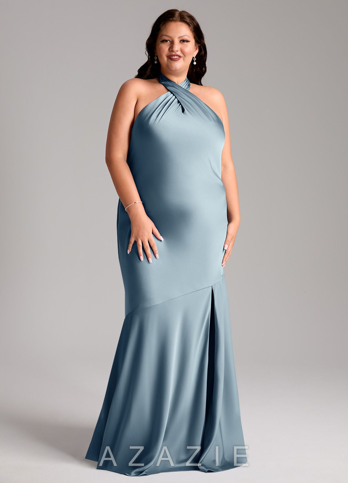 Azazie Lorena Dusty Blue Mermaid Pleated Stretch Satin Dress dusty_blue