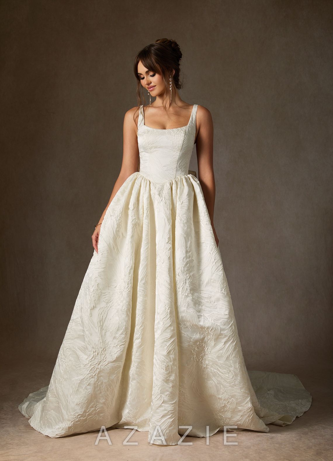 Azazie Skylin Antique White Ball-Gown with Pockets Floral Jacquard Dress