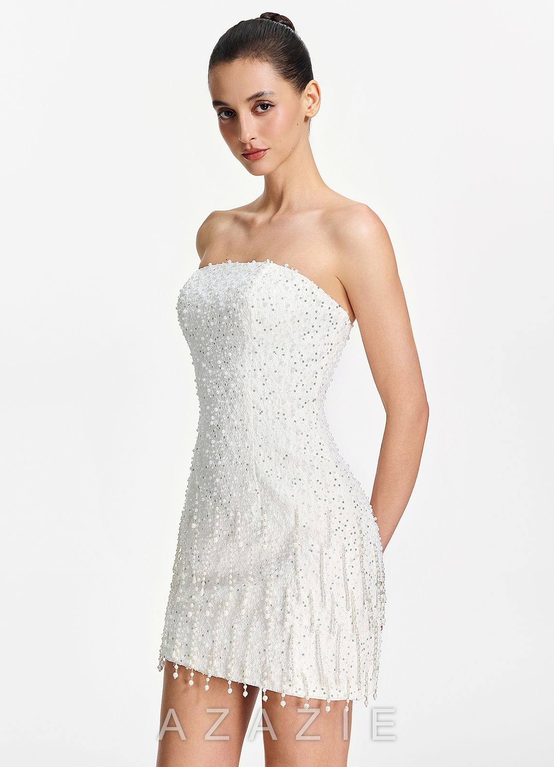 Mahault White Strapless Beaded Fringe Lace Up Mini Dress