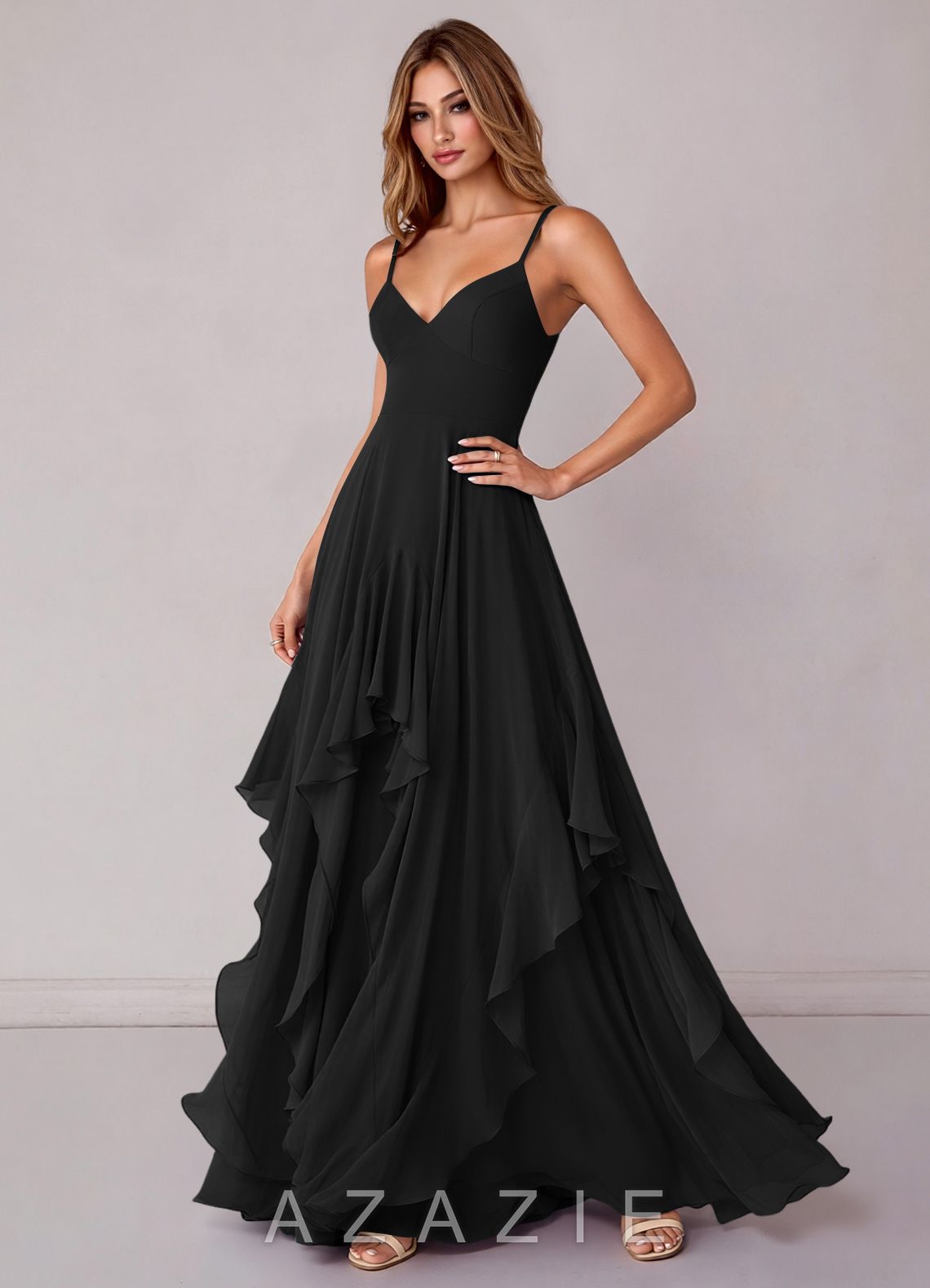 Azazie Zaina Black A-Line Chiffon Dress black