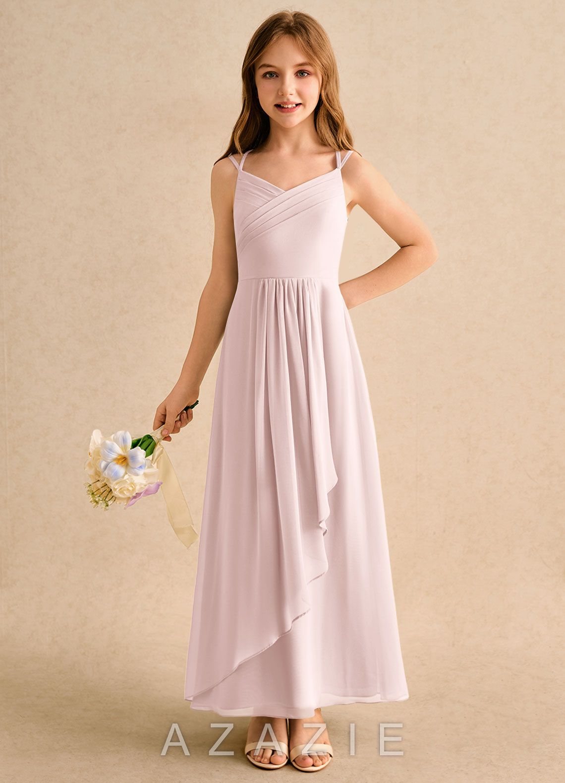 Azazie Zaida Girls Formal Blushing Pink A-Line Pleated Chiffon Dress blushing_pink