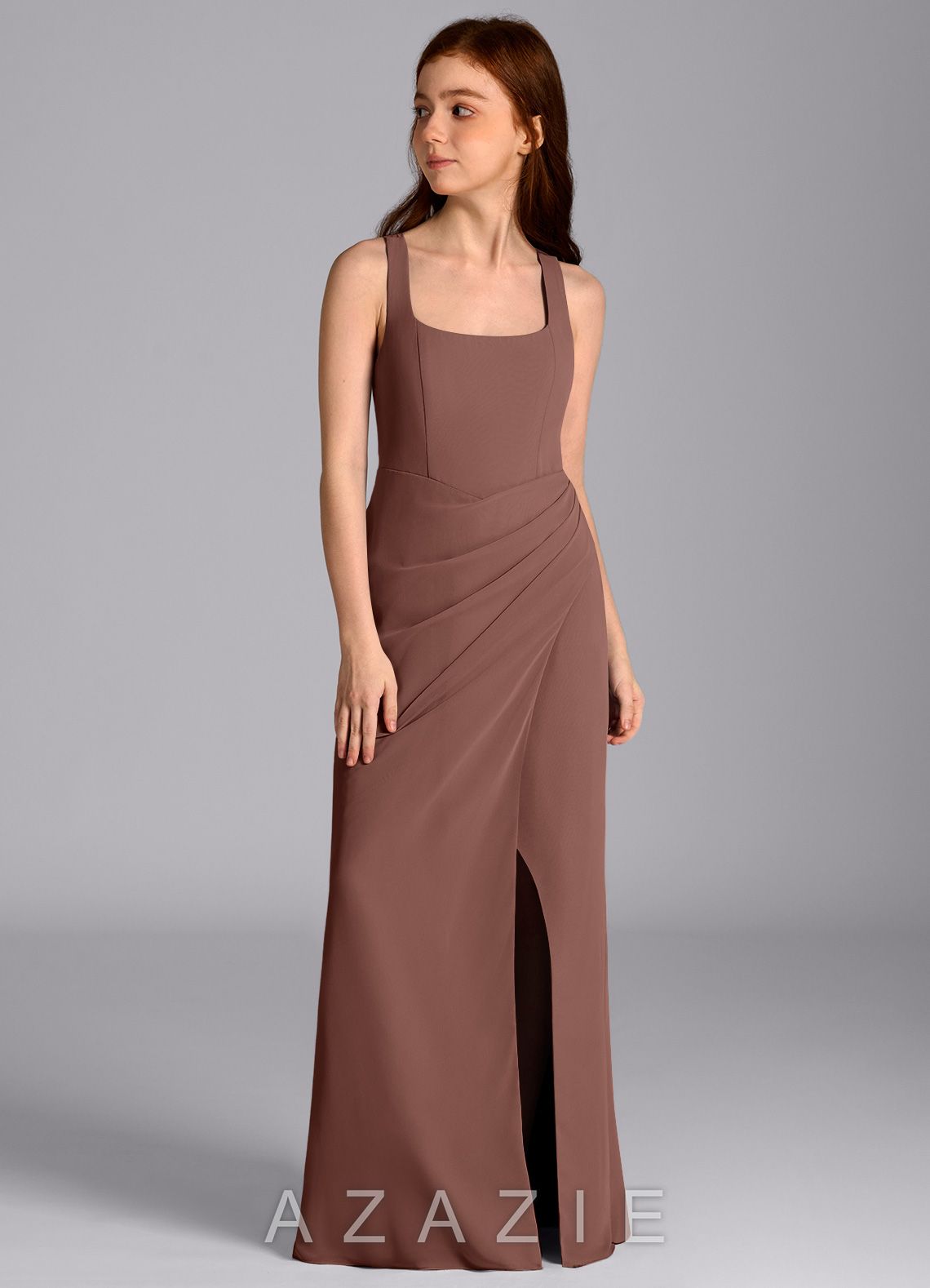 Azazie Mero Junior Espresso Mermaid Pleated Chiffon Dress espresso