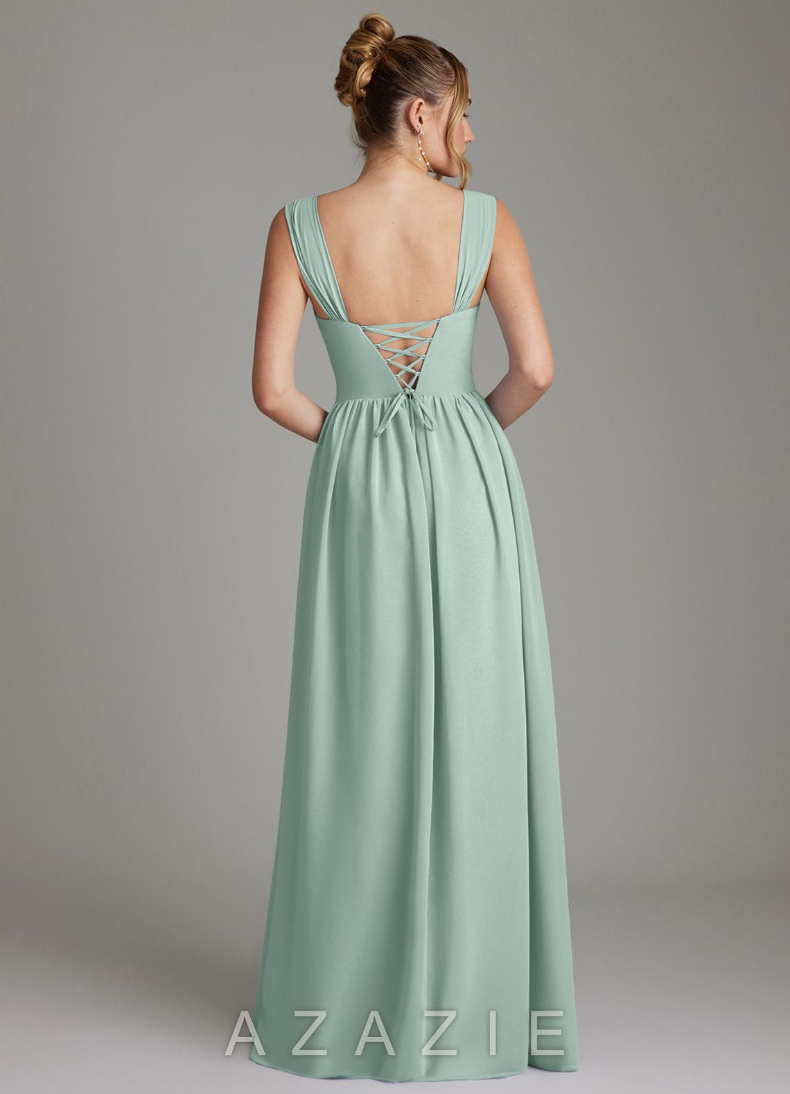 Azazie Caterina Agave A-Line Corset Chiffon Dress agave