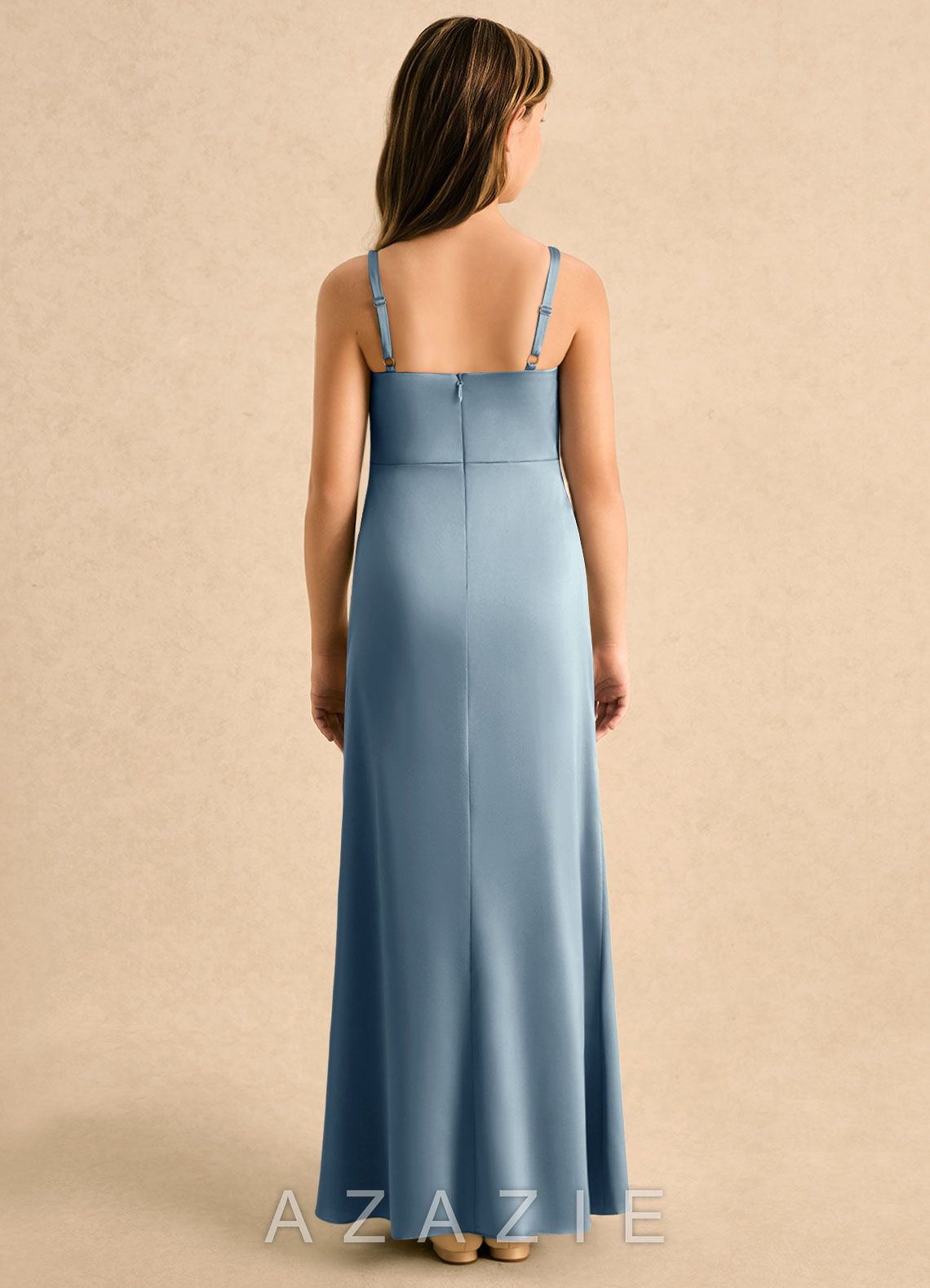 Azazie Nalah Girls Formal Dusty Blue A-Line Pleated Stretch Satin Dress dusty_blue