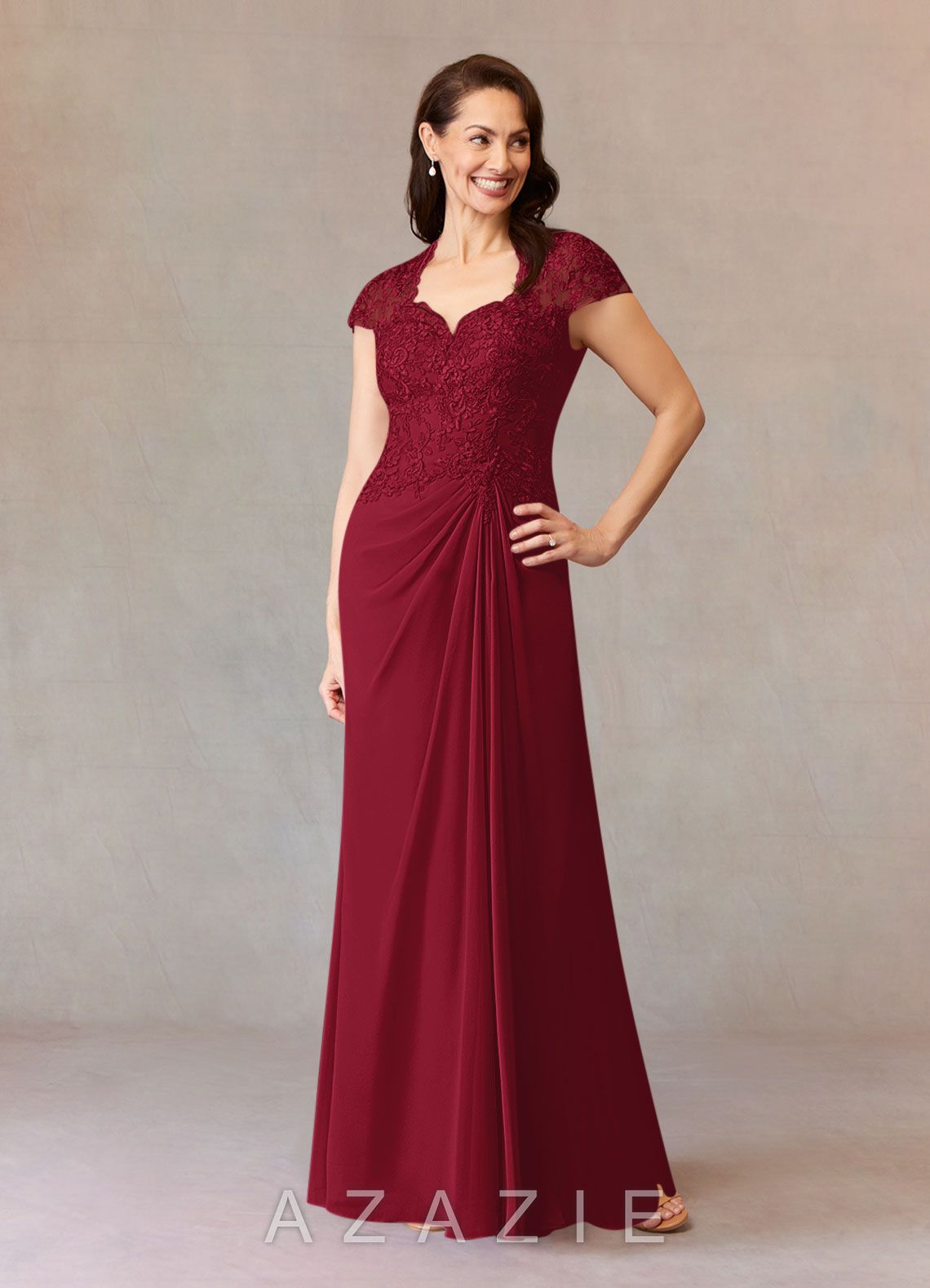 Azazie Junie Burgundy A-Line Lace Chiffon Dress