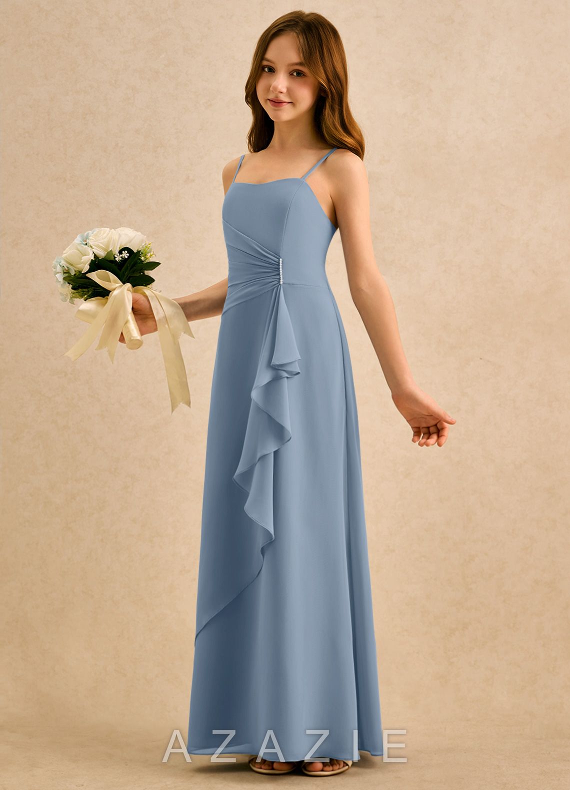 Azazie lolly Girls Formal Dusty Blue A-Line Pleated Chiffon Dress
