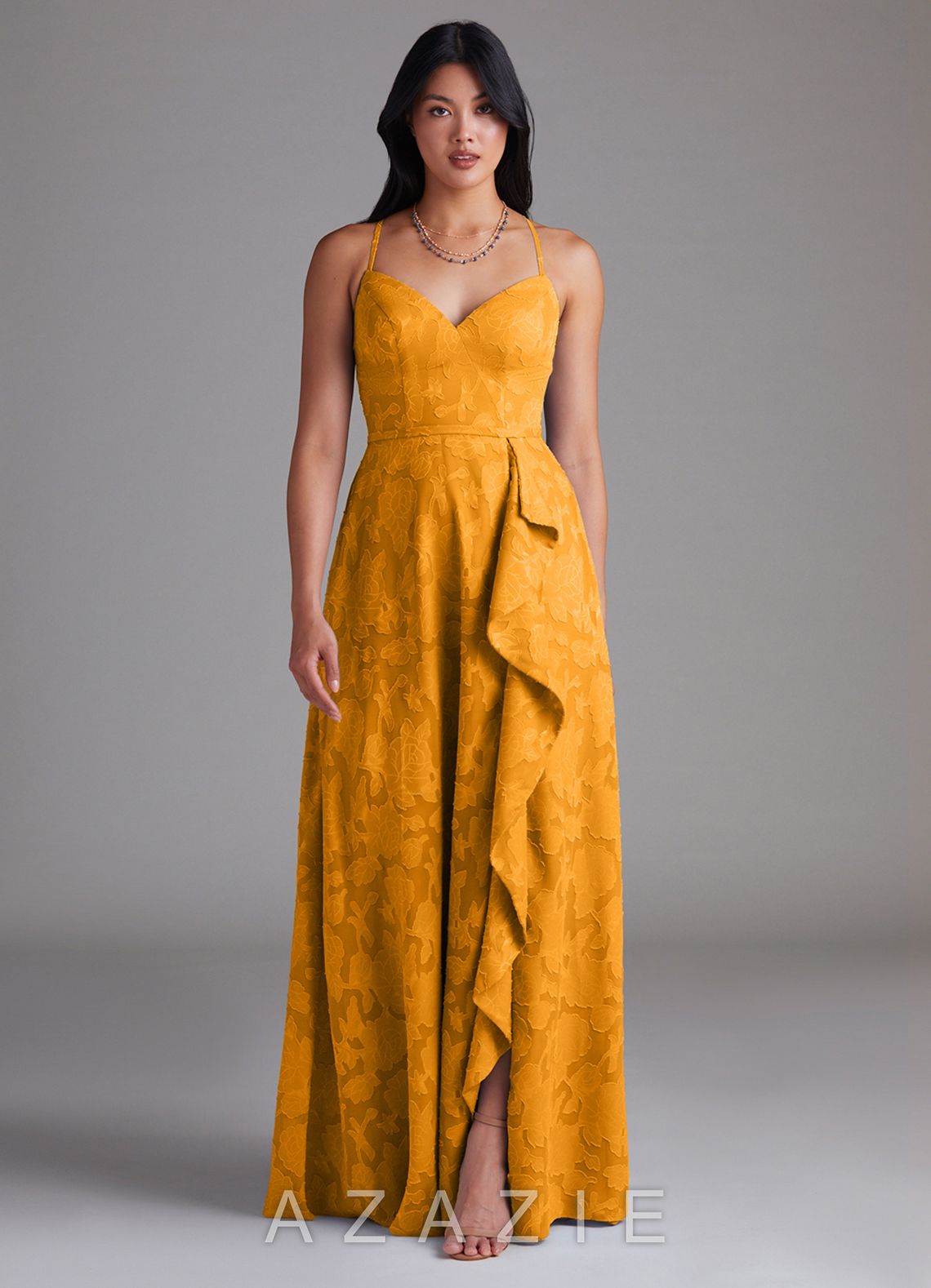 Azazie Naeem Butterscotch A-Line Sweetheart Neckline Floral Burnout Dress