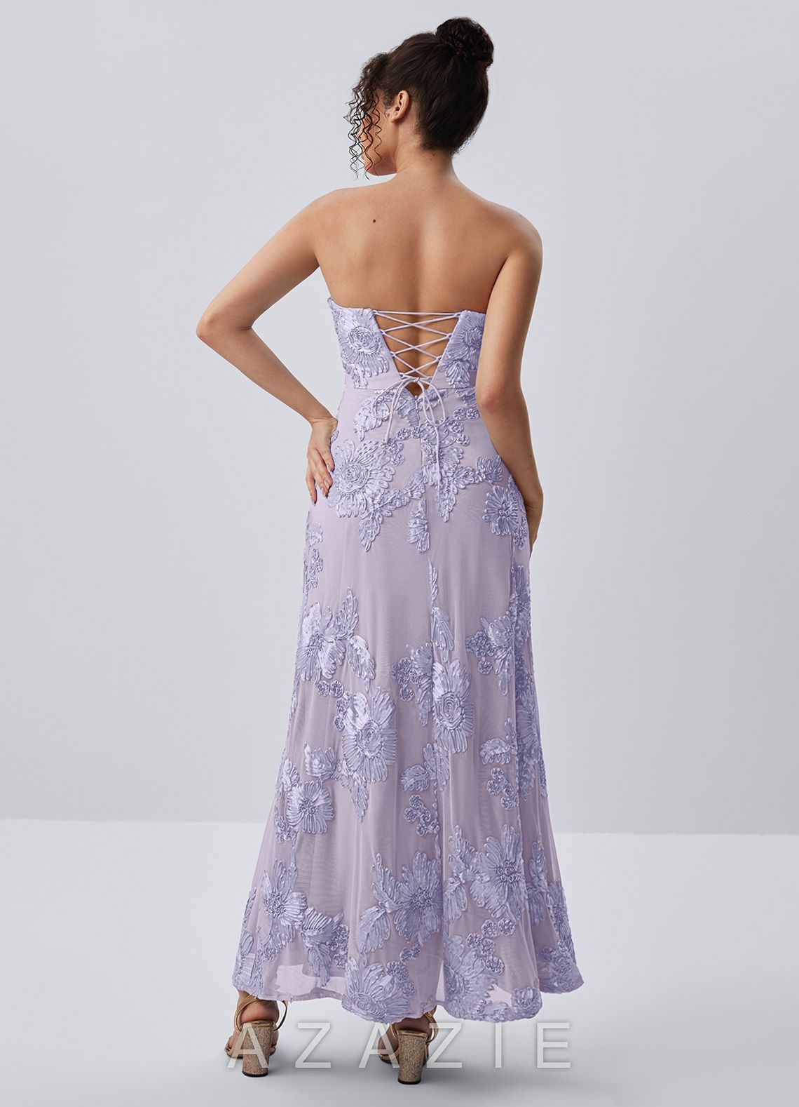 Esperanza Pale Purple Strapless 3D Floral Applique Maxi Dress